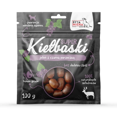Super kiełbaski dla psa z jeleniem i czarną porzeczką 100g